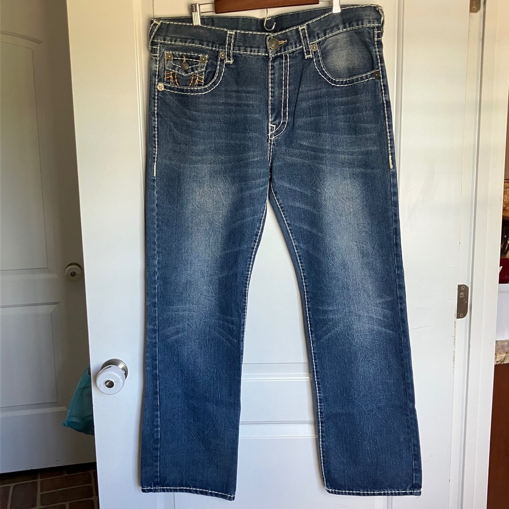 True Religion Ricky Super T Jeans Mens Sz 40 Denim Flap Thick Stitch
